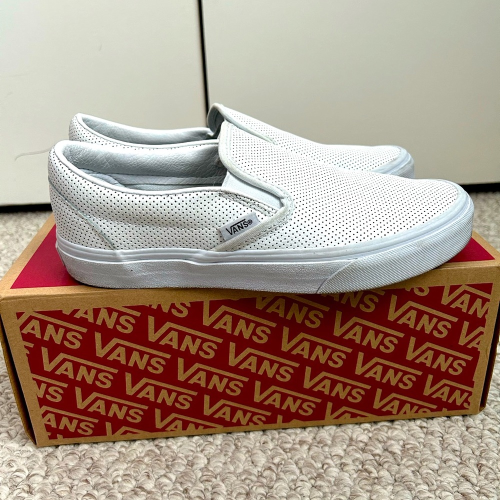 White leather slip on Vans